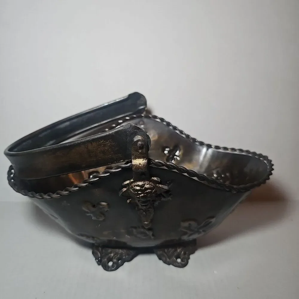 Antique Vintage Decorative Brown Metal Basket Embossed Leaves Handle